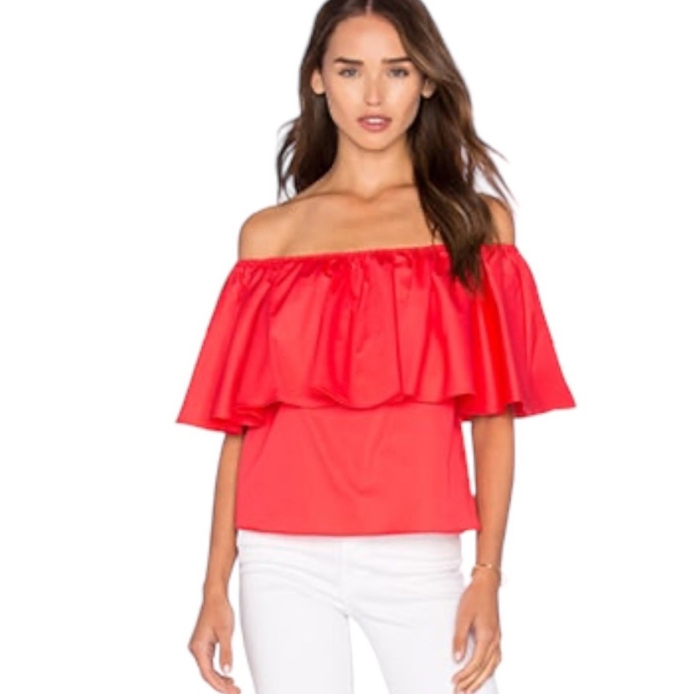 NICHOLAS Revolve Off the Shoulder Ruffle Top Boho Summer Resort Poppy Red Sz 8